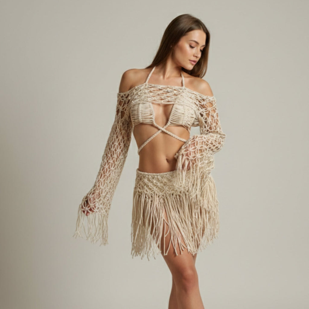 Handgefertigtes 3-teiliges Makramee-Set, elegante und kunstvolle Damenmode für den Sommer.