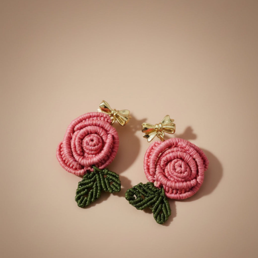 Handmade Macrame Earrings "Rose Blossom" - Filigree Design with Gold-Tone Elements